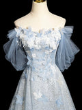 Blue Tulle Sequins Long Prom Dress with Lace, Beautiful Off the Shoulder Evening Party Dress HZ0429