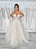 Champagne Tulle Lace Long Prom Dress, Elegant Strapless Formal Party Dress HZ0429