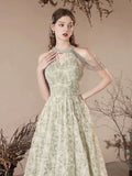 Cute Tulle Flower Floor Length Green Prom Dress, Beautiful Backless A-Line Evening Party Dress HZ0429