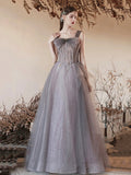 Gray Tulle Beaded Long Prom Dress, Beautiful Off the Shoulder Evening Party Dress HZ0429