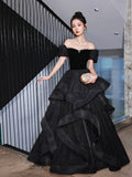Black Velvet and Tulle Long Party Dress, Black A-Line Evening Dress Party Dress HZ0429