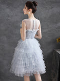 Gray Tulle Round Neck Party Dresses, Lovely Knee-Length Prom Dresses HZ0429