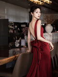Burgundy V-Neck Satin Long Prom Dress, Elegant Backless Evening Party Dress HZ0429
