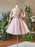 Pink Tulle Knee Length  A-Line Party Dress, Lovely Off the Shoulder Prom Dress HZ0429
