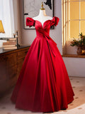 Dark Red Satin Long Prom Dress, Off the Shoulder A-Line Formal Evening Dress HZ0429