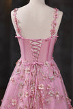Pink Applique Long Prom Dress, A-Line Spaghetti Straps Formal Dress HZ0429