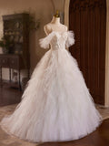 A-Line Tulle Layers Long Prom Dress, Ivory Spaghetti Strap Sweet 16 Dress Evening Dress HZ0429