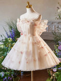 Champagne Floral Tulle Short A-Line Prom Dress, Off the Shoulder Evening Party Dress HZ0429
