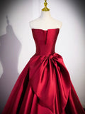 Burgundy Satin Strapless Long Prom Dress, Beautiful A-Line Evening Party Dress HZ0429