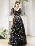 Black V-Neck Tulle Sequins Long Prom Dress, Black A-Line Evening Party Dress HZ0429
