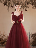 Burgundy Tulle Long Prom Dress, Lovely A-Line Evening Party Dress with Bow HZ0429