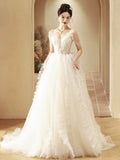 White V-Neck Tulle Beaded Long Prom Dress, Beautiful A-Line Formal Evening Dress HZ0429