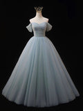 Dusty Blue Tulle Beaded Long Prom Dress, Off the Shoulder A-Line Evening Party Dress HZ0429