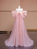 Candy Pink Bow Floor Length Prom Dress, Lovely A-Line Princess Off the Shoulder Formal Dress HZ0429