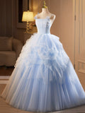 Blue Spaghetti Strap Tulle Lace Long Prom Dress, Beautiful A-Line Party Gown HZ0429