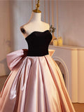 Black Velvet and Pink Satin Floor Length Prom Dress, Beautiful A-Line Strapless Party Dress HZ0429