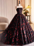 Black Tulle and Red Sequins Long Pom Dress, Beautiful A-Line Strapless Formal Evening Dress HZ0429