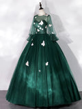 Dark Green Tulle Floor Length Prom Dress with Butterfly Appliques, A-Line Long Sleeve Evening Party Dress HZ0429