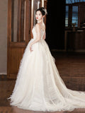 White V-Neck Tulle Beaded Long Prom Dress, Beautiful A-Line Formal Evening Dress HZ0429