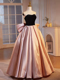 Black Velvet and Pink Satin Floor Length Prom Dress, Beautiful A-Line Strapless Party Dress HZ0429