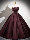 Dark Burgundy Satin Long Prom Dress, Elegant A-Line Off the Shoulder Evening Party Dress HZ0429