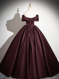 Dark Burgundy Satin Long Prom Dress, Elegant A-Line Off the Shoulder Evening Party Dress HZ0429