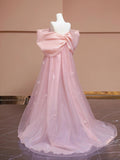 Candy Pink Bow Floor Length Prom Dress, Lovely A-Line Princess Off the Shoulder Formal Dress HZ0429