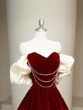 Burgundy Velvet Long Prom Dress, Elegant Off the Shoulder Party Dress HZ0429