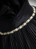 Black Pleated Long A-line Party Gown with Rhinestone Sash, Elegant Off the Shoulder Formal Evening Dress HZ0429