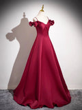Burgundy Spaghetti Strap Satin Long Prom Dress, A-Line Evening Party Dress HZ0429