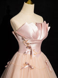 Pink Strapless Satin Tulle Long Prom Dress with Bow, Beautiful A-Line Formal Party Dress HZ0429