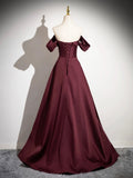 Dark Burgundy Satin Long Prom Dress, A-Line Off the Shoulder Evening Party Dress HZ0429