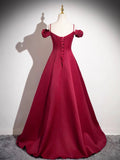 Burgundy Spaghetti Strap Satin Long Prom Dress, A-Line Evening Party Dress HZ0429
