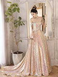 Beautiful Sparkly Sequins Long Prom Dress, Champagne Off Shoulder Evening Dress HZ0429