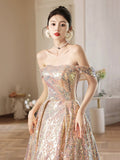 Beautiful Sparkly Sequins Long Prom Dress, Champagne Off Shoulder Evening Dress HZ0429