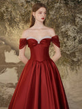 Burgundy Satin Beaded Floor Length Prom Dress, Off the Shoulder Evening Party Dress HZ0429