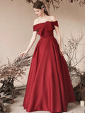 Burgundy Satin Long Prom Dress, Off the Shoulder Evening Party Dress HZ0429