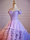 Purple Tulle Off the Shoulder Prom Dress, A-Line V-Neck Floor Length Formal Dress HZ0429