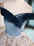 Blue Velvet and Tulle Long Prom Dress, Off Shoulder Evening Dress Party Dress HZ0429