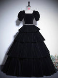 Black Velvet Floor Length Prom Dress, Elegant Short Sleeve Formal Evening Dress HZ0429