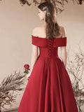 Burgundy Satin Long Prom Dress, Off the Shoulder Evening Party Dress HZ0429