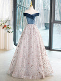 Blue Velvet and Tulle Long Prom Dress, Off Shoulder Evening Dress Party Dress HZ0429