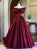 Burgundy Satin Floor Length Prom Dress, Elegant Off the Shoulder Evening Party Dress HZ0429