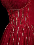 Burgundy Tulle Beaded Floor Length Prom Dress, Elegant Off the Shoulder Party Dress HZ0429