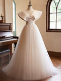 Beautiful Champagne Long Prom Dresses, A-Line Princess V-Neck Bow Sleeveless Backless Formal Dresses HZ0429