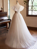 Beautiful Champagne Long Prom Dresses, A-Line Princess V-Neck Bow Sleeveless Backless Formal Dresses HZ0429
