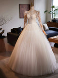White Tulle Lace Floor Length A-Line Formal Dresses, Beautiful Long Sleeve Evening Party Dress HZ0429