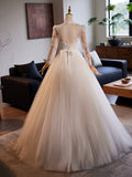 White Tulle Lace Floor Length A-Line Formal Dresses, Beautiful Long Sleeve Evening Party Dress HZ0429