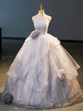 Gray Tulle Floor Length Formal Dress, A-Line Strapless Evening Party Dress HZ0429