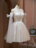 Lovely A-Line Tulle Lace Knee Length Prom Dress, Ivory Off the Shoulder Party Dress HZ0429